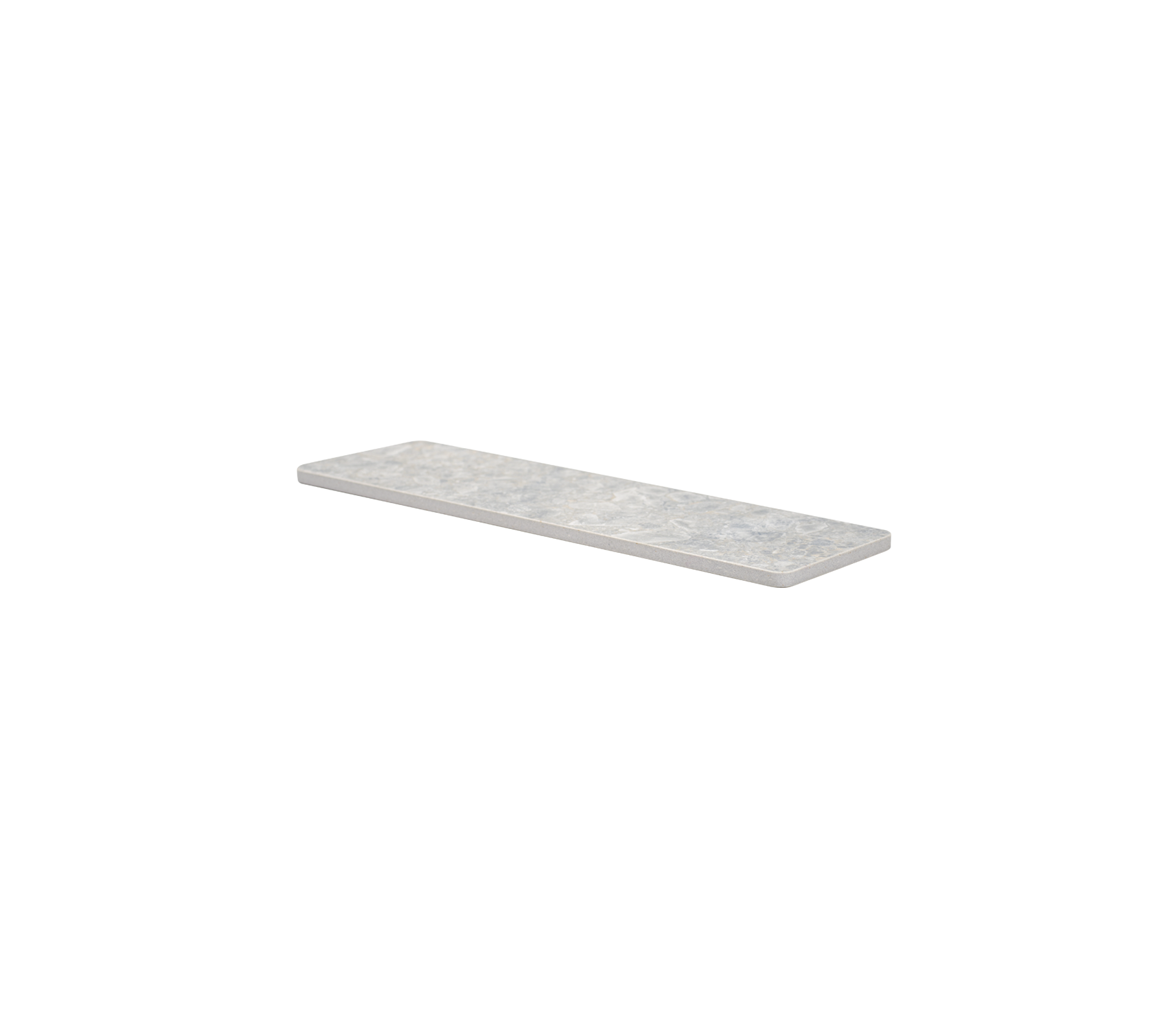 Een slanke, rechthoekige aanrechtplaat met een glad oppervlak in een lichte grijstint, ideaal voor verschillende toepassingen.