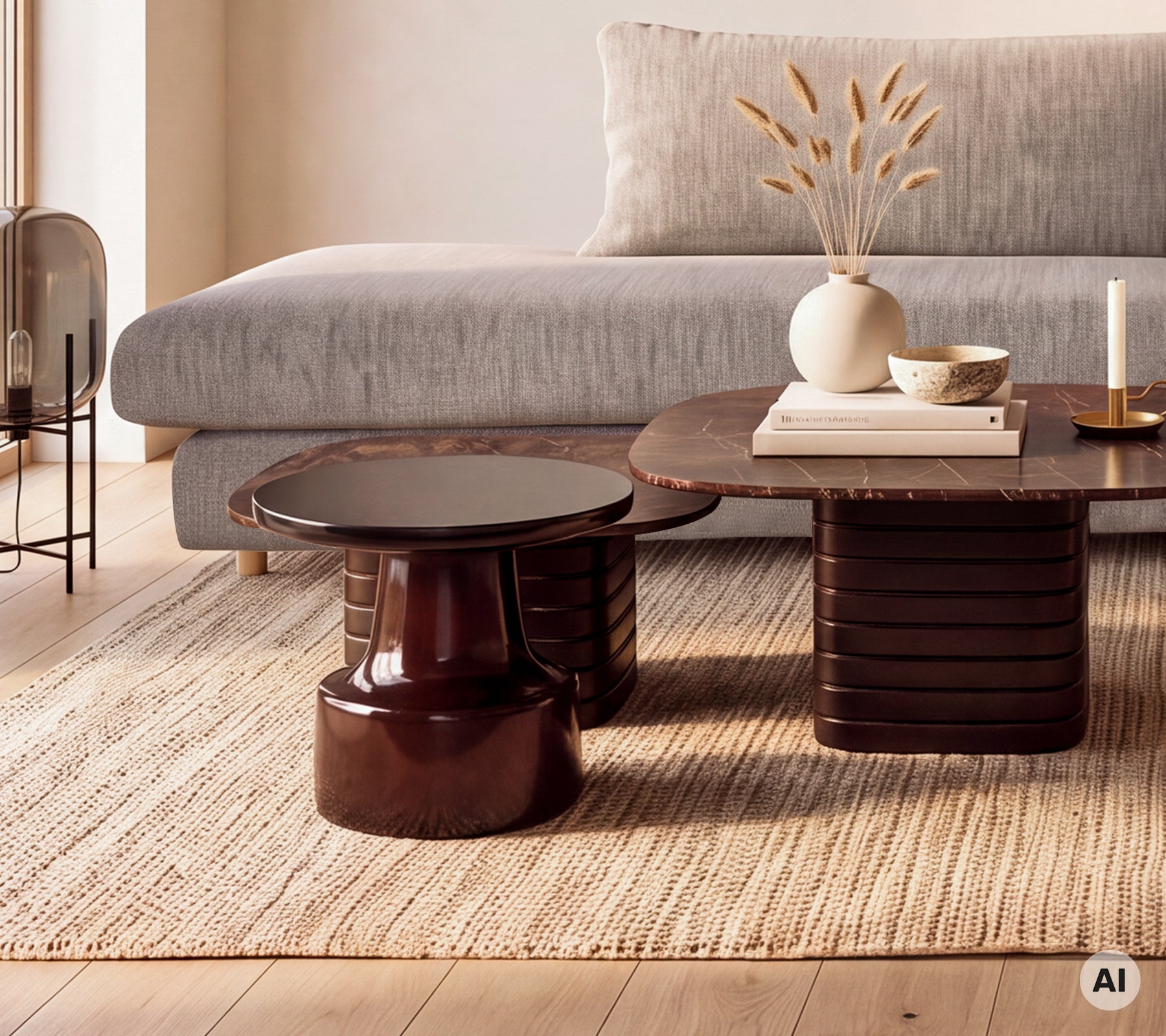 Grijze bank met een bruin salontafel en een zwart bijzettafel in een moderne lounge-setting.