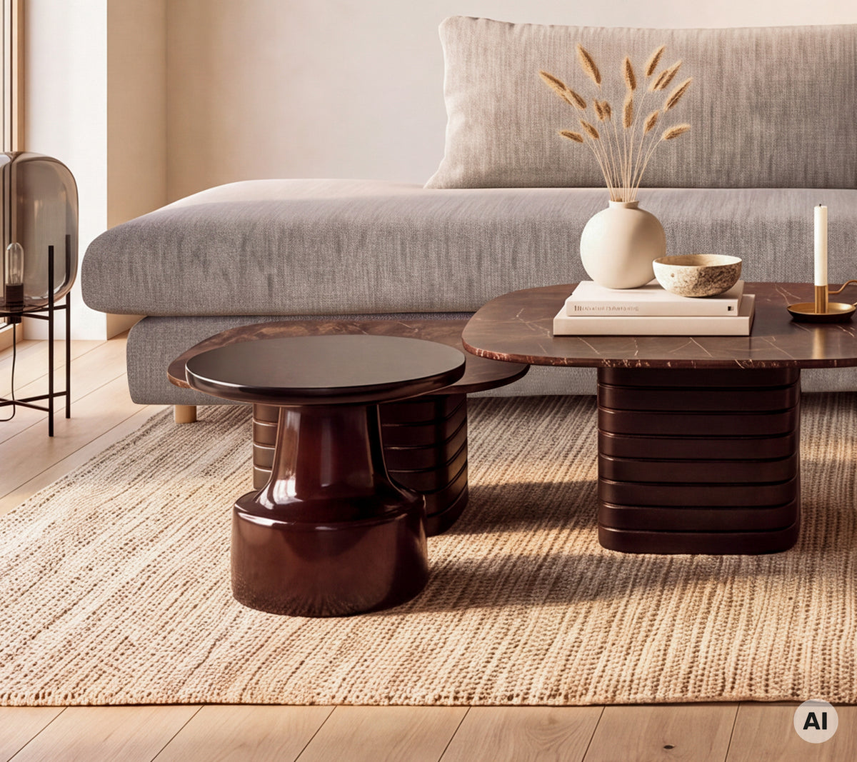 Grijze bank met een bruin salontafel en een zwart bijzettafel in een moderne lounge-setting.