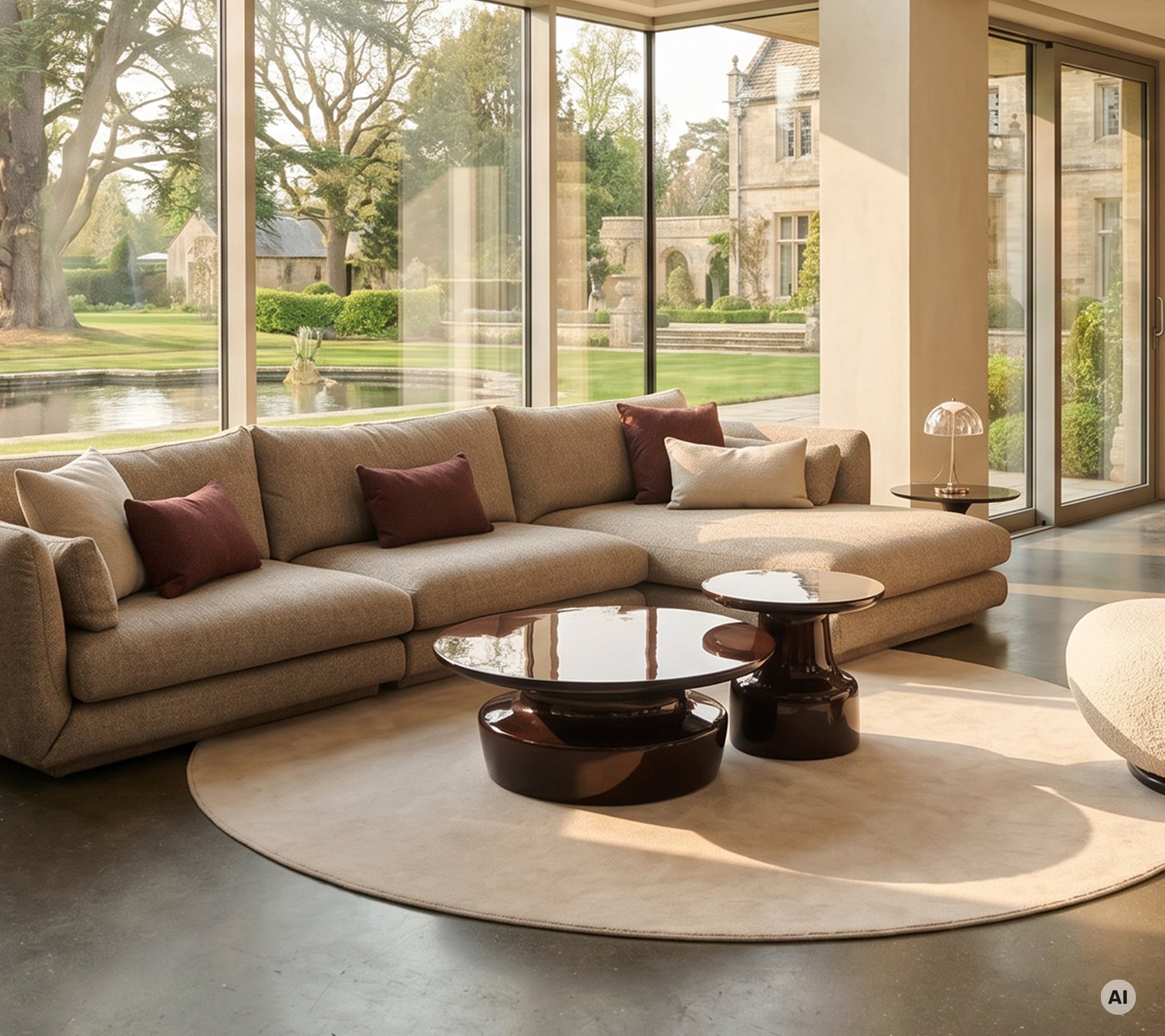 Moderne lounge met beige hoekbank, bruine salontafel en crèmekleurig vloerkleed.