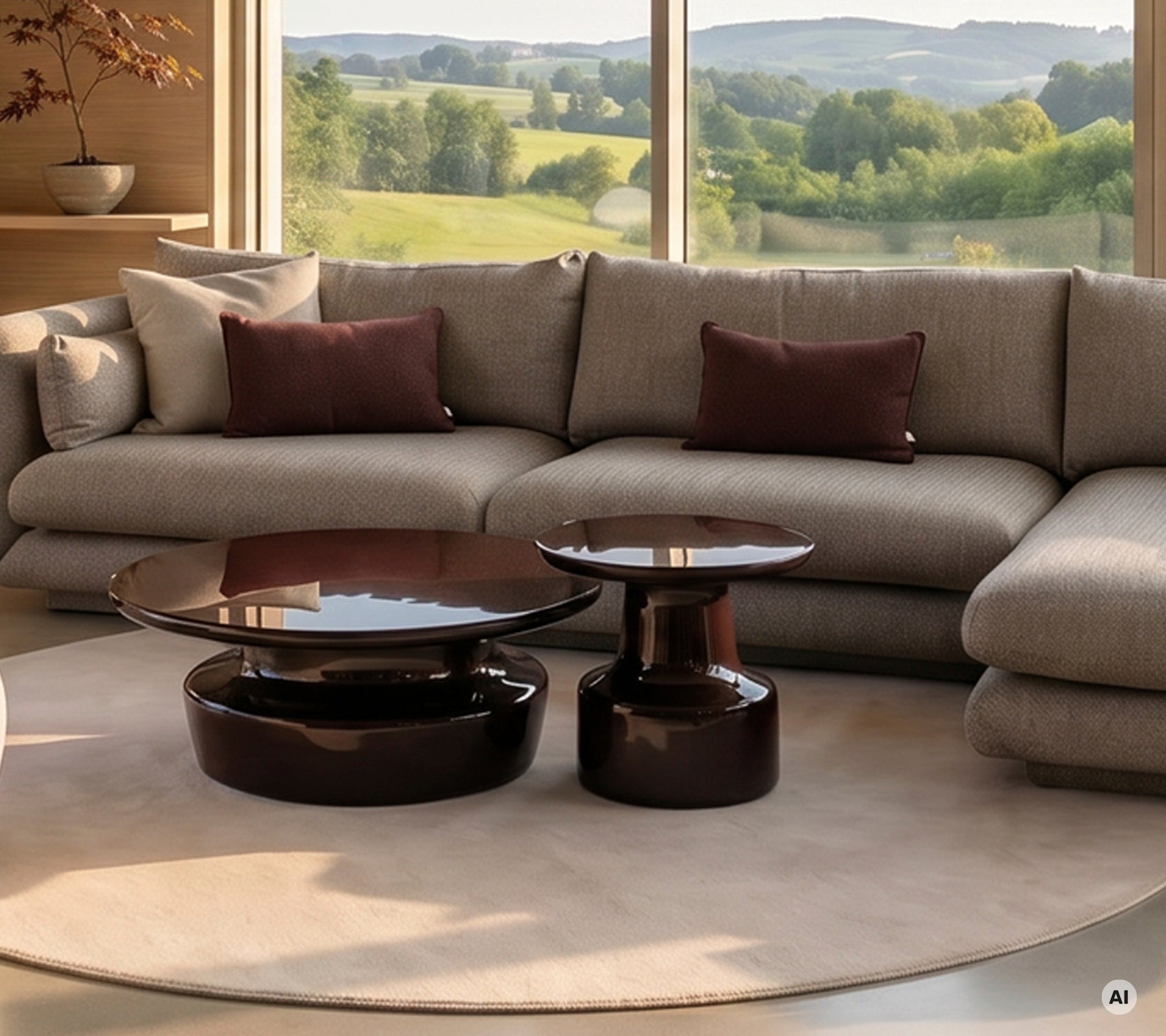 Moderne lounge met een grijze hoekbank met bruine kussens en zwarte tafels.