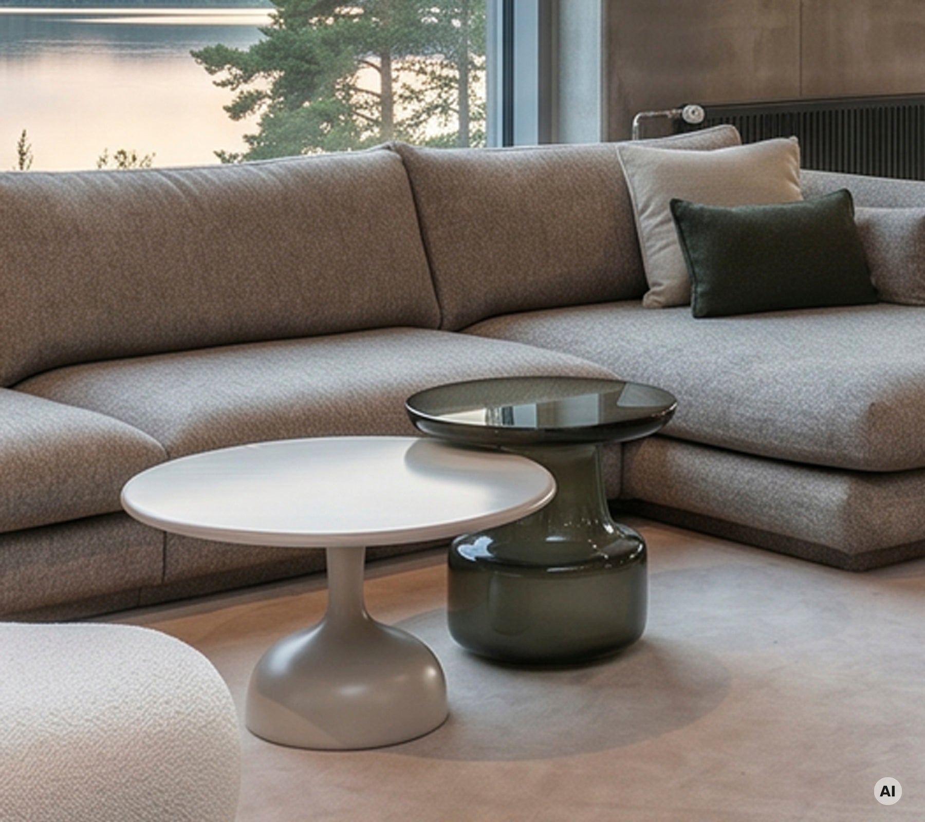Moderne woonkamer met een grijze bank en witte en groene tafels.