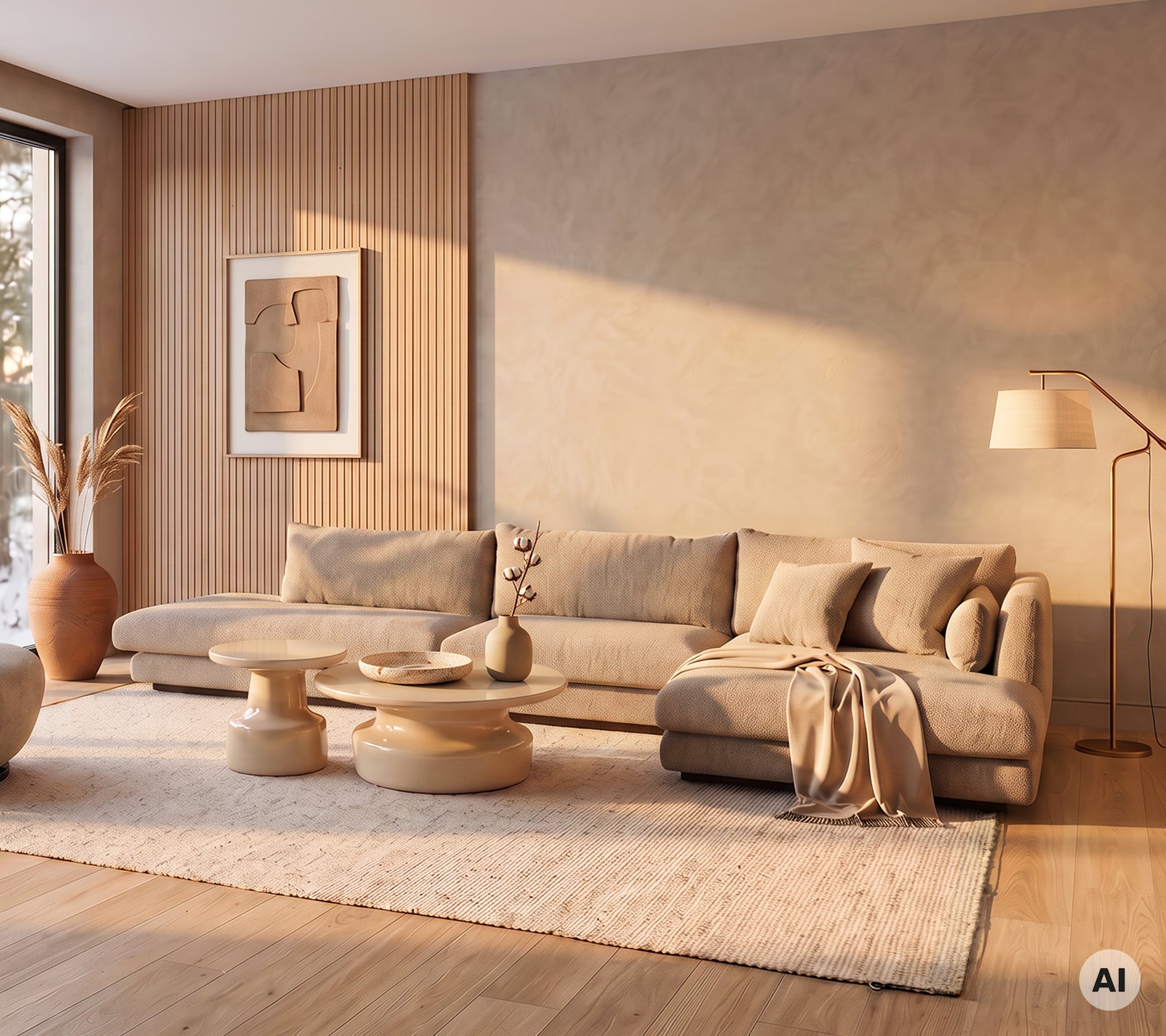 Moderne woonkamer met een beige sofa, ronde salontafel en een zacht vloerkleed.
