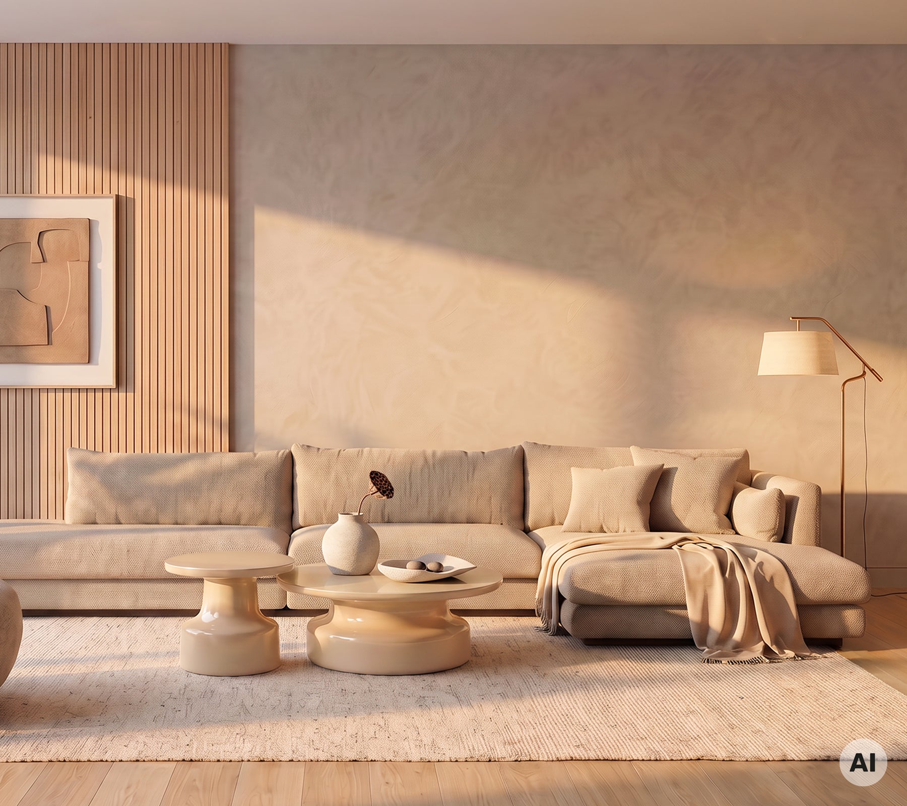 Moderne minimalistische lounge met een beige bankmodule en een ronde salontafel.
