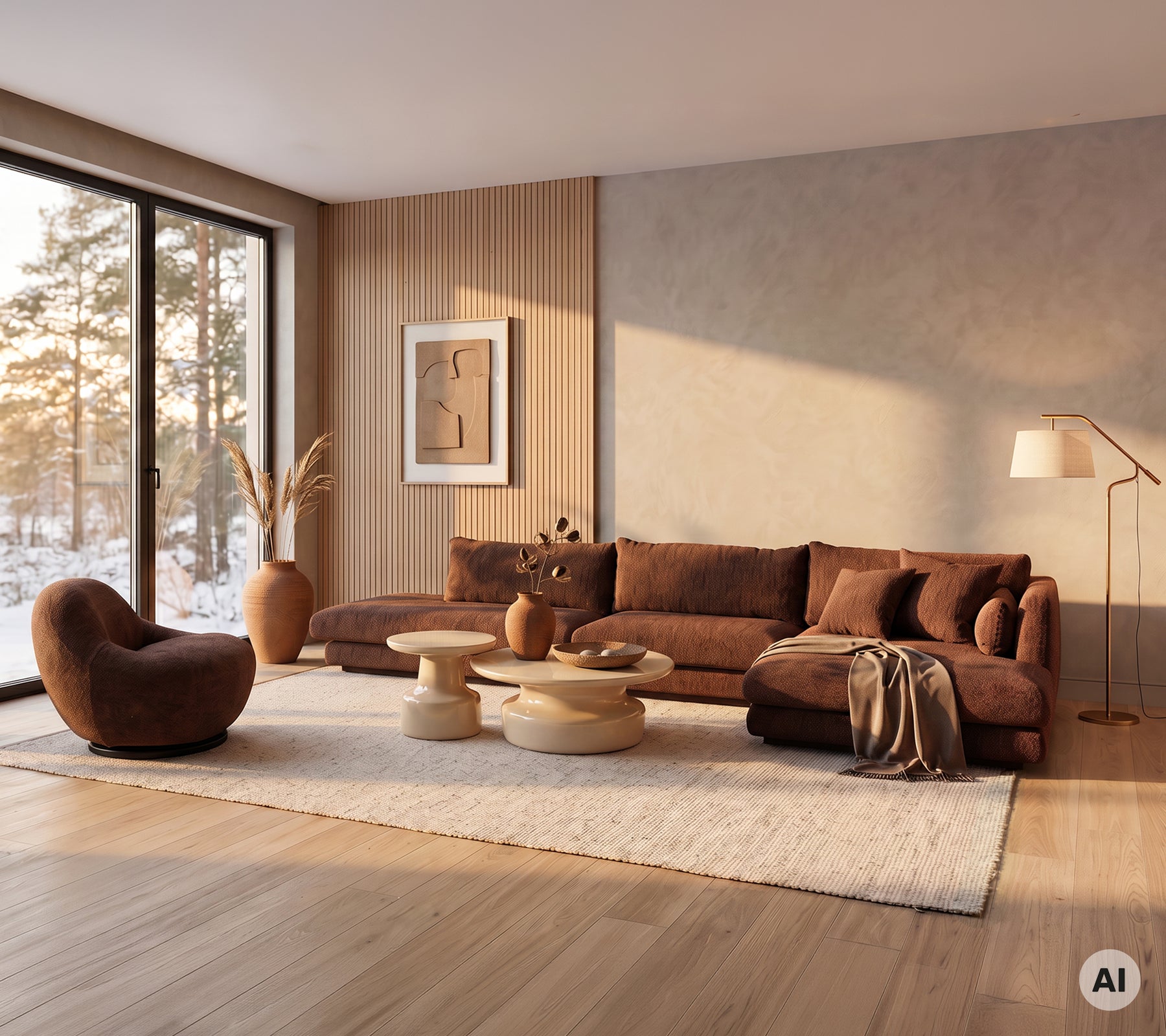 Bruine bank en fauteuil met een licht houten tafel in een moderne lounge-instelling.