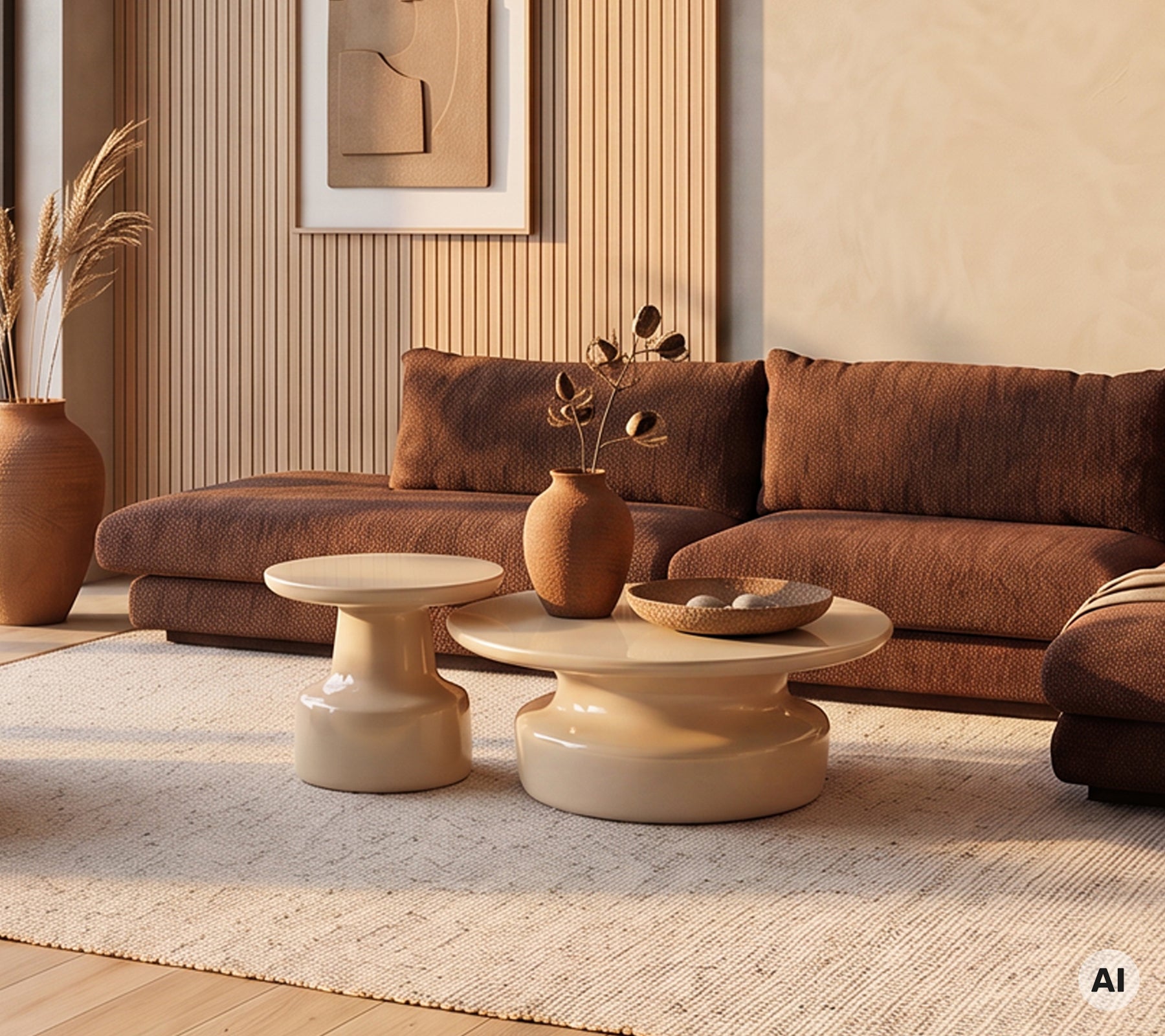 Moderne lounge met een bruine bank, beige salontafels en decoratieve vazen.