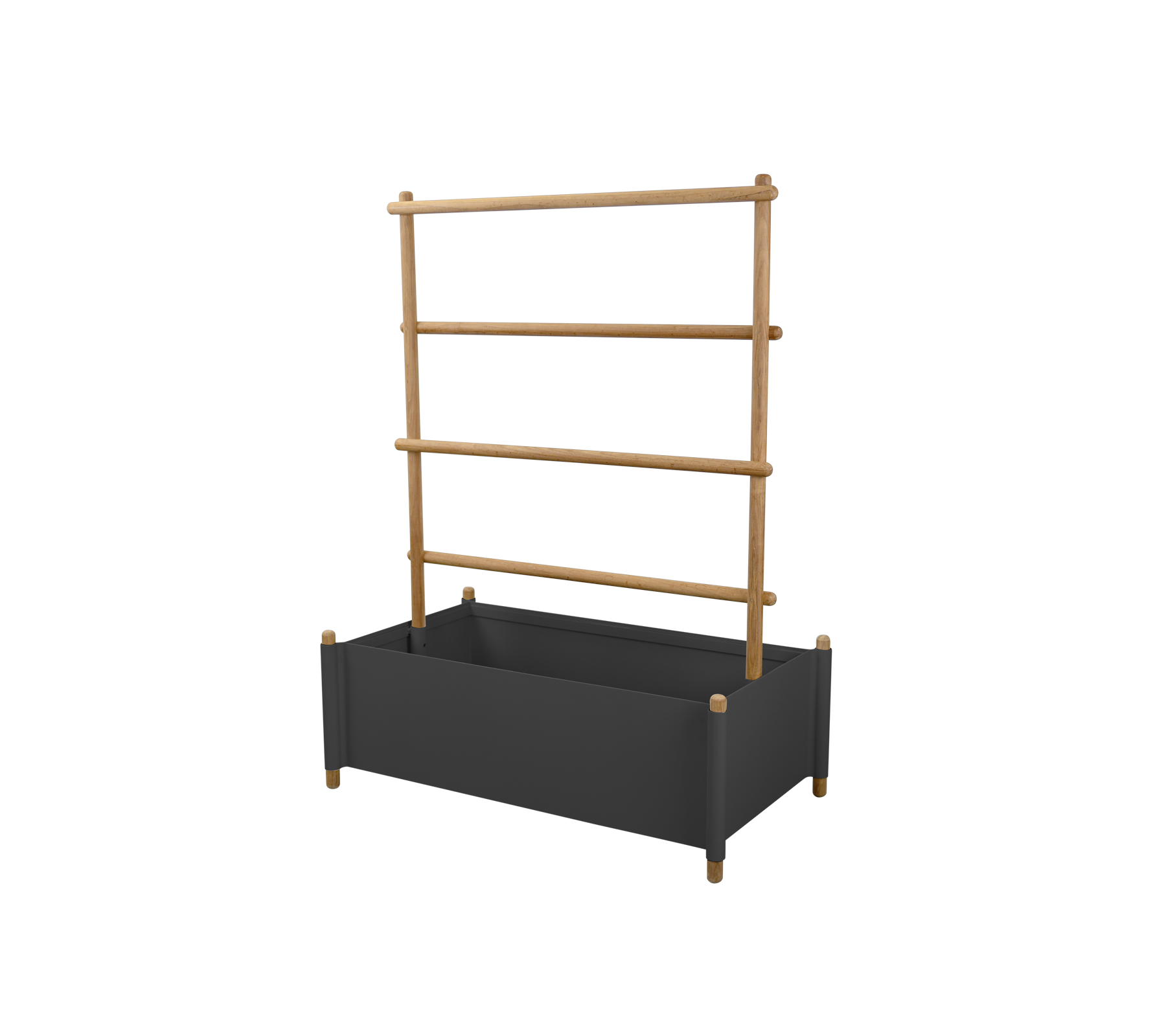 Een decoratieve plantenbak met een donkere basis en drie bamboestokken voor klimplant. Ideaal om de plantenpresentatie te verbeteren.