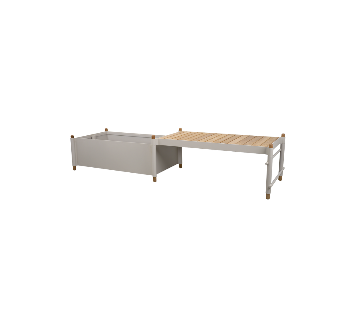 Houten planter met een rechthoekig ontwerp met een lichtgrijze container en een latten houten bovenkant om in te planten.