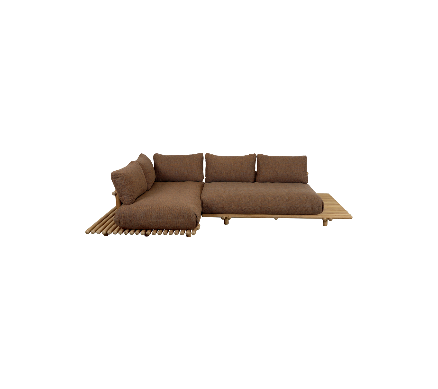Moderne sectiem bank met een diepbruine stof en houten basis, met pluche kussens voor comfort en een stijlvol ontwerp.