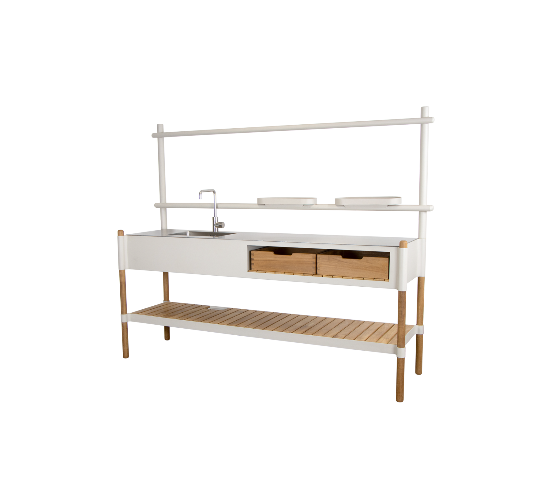 Stijlvolle keukeneenheid met een spoelbak, twee lades en een open plank voor opslag, aangevuld met een modern design.