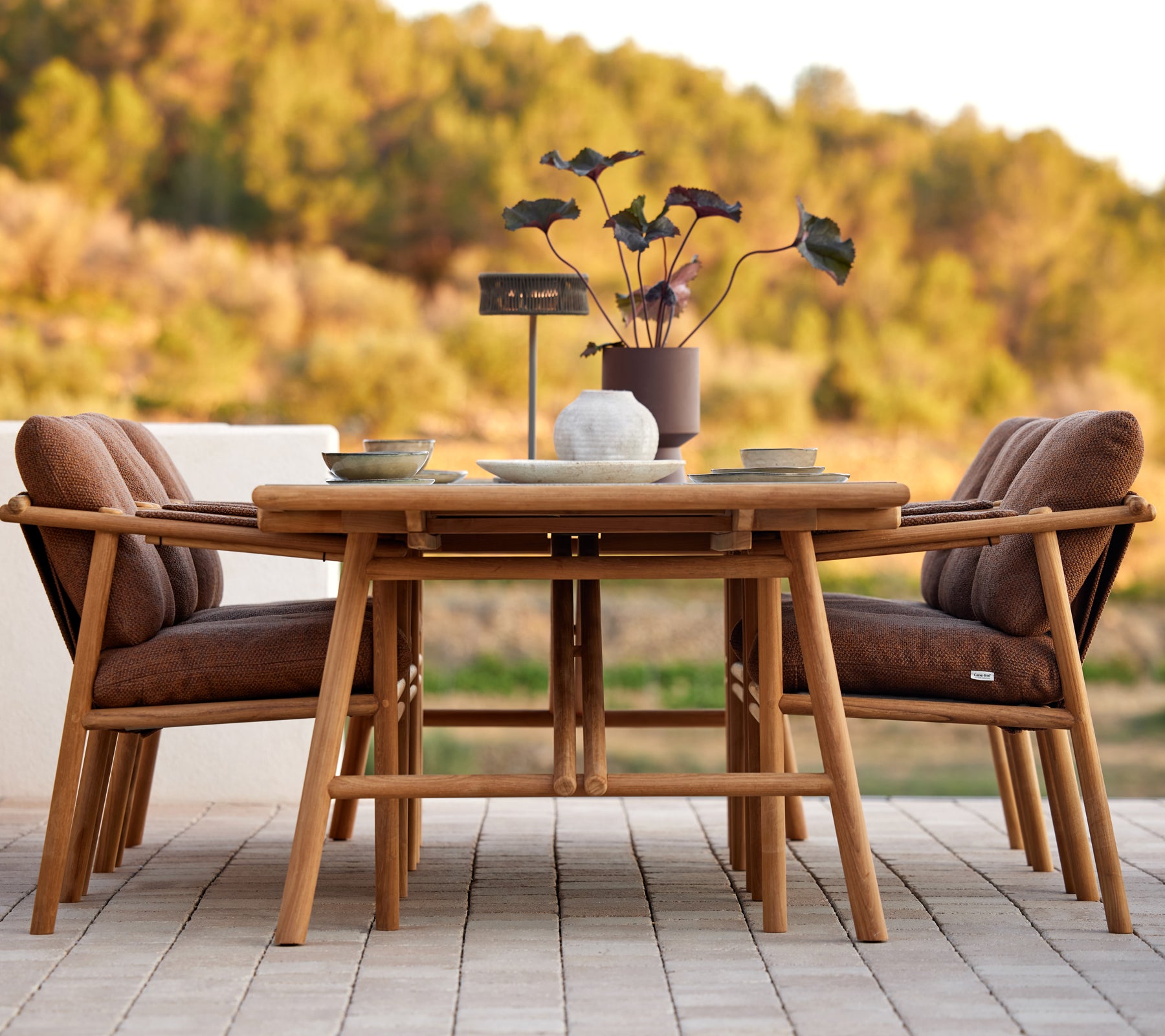 Teakhouten eettafelset met stijlvolle kussens, omringd door een middenstuk van decoratieve planten, perfect voor bijeenkomsten.
