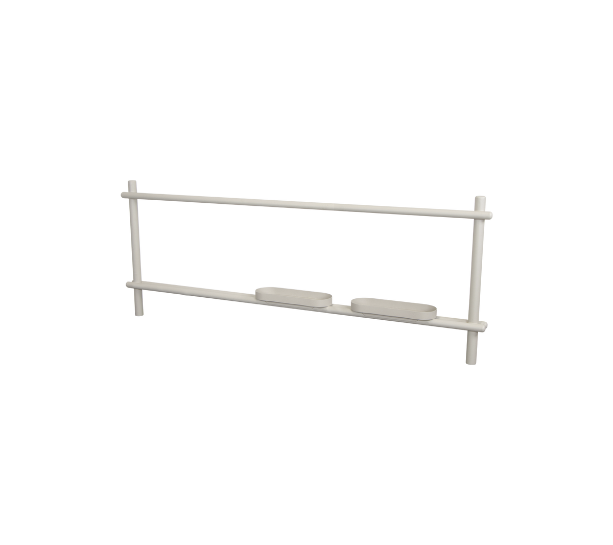 Een eenvoudig, rechthoekig rek met twee horizontale planken en een lichtgewicht frame, ontworpen voor efficiënte opslag of presentatie.