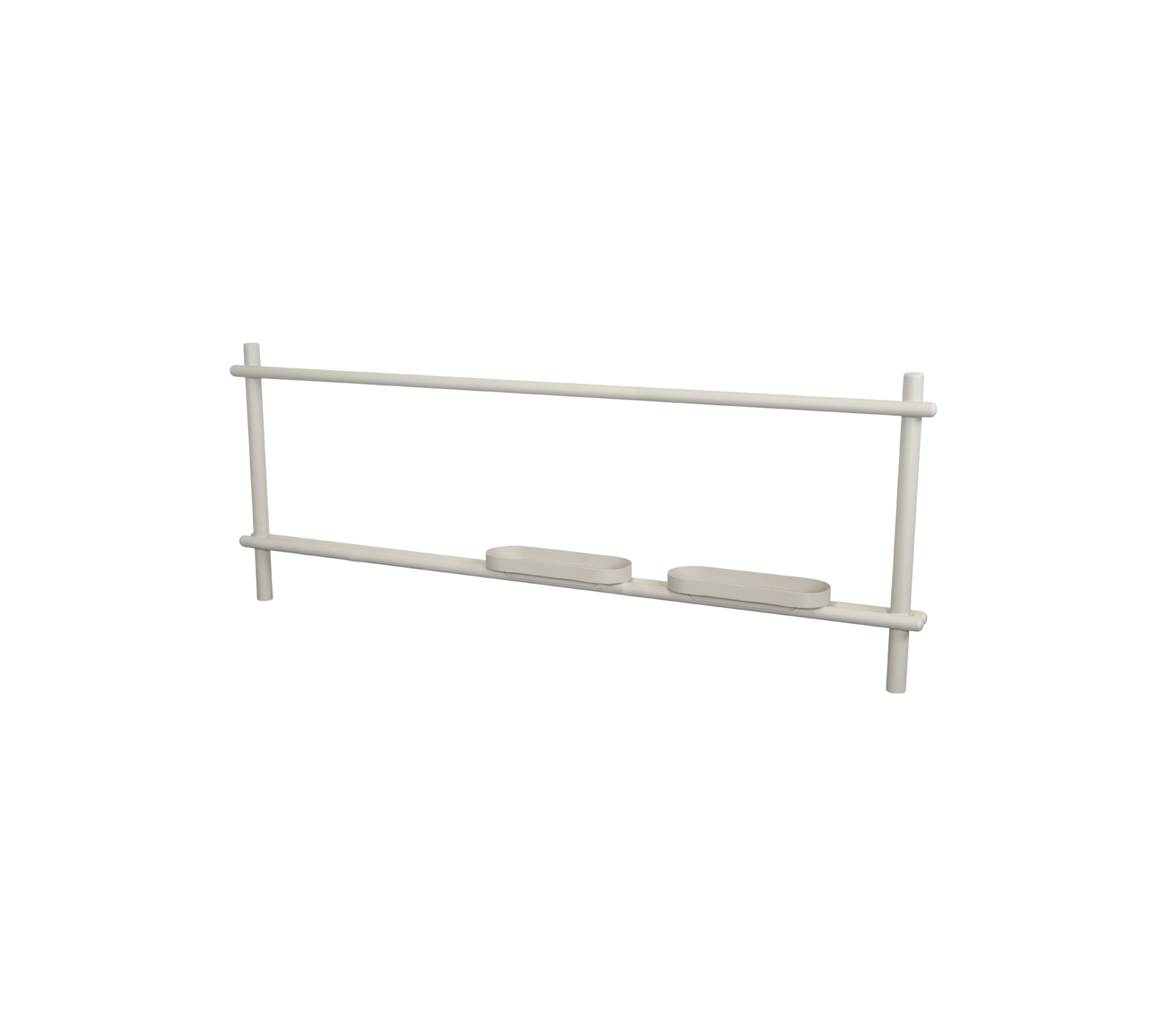 Een eenvoudig, rechthoekig rek met twee horizontale planken en een lichtgewicht frame, ontworpen voor efficiënte opslag of presentatie.
