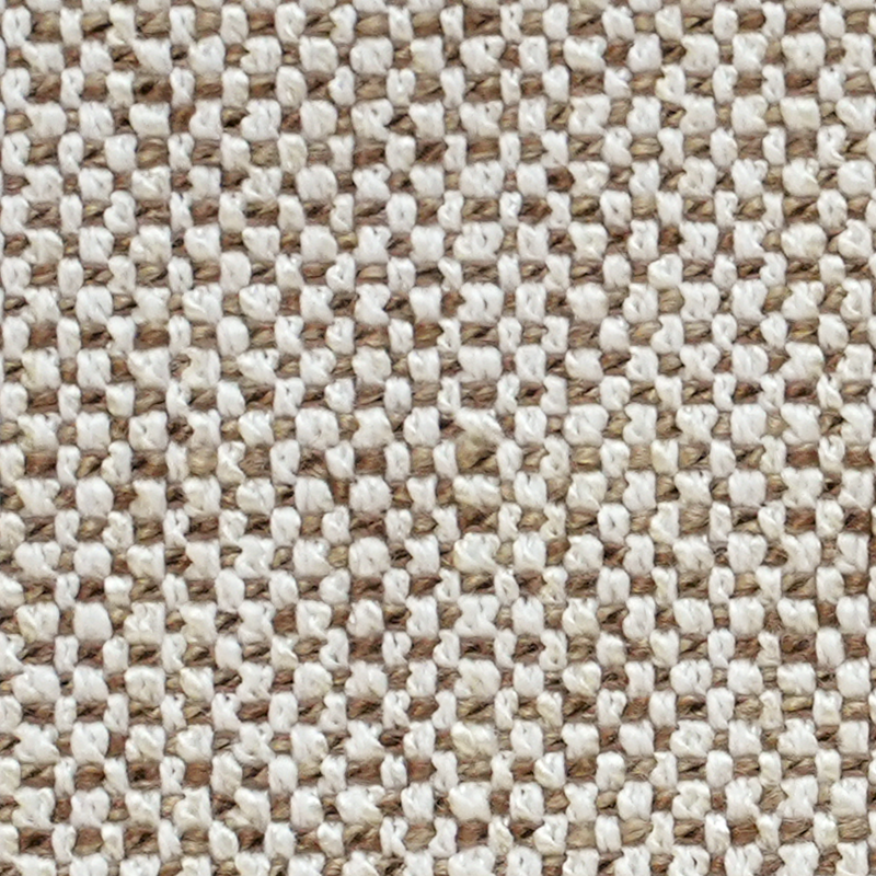 Textuurt stof met een geweven patroon in beige en witte tinten.